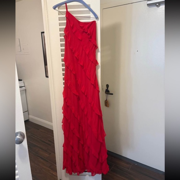 Red One-Shoulder Ruffle Gown - Picture 2 of 4